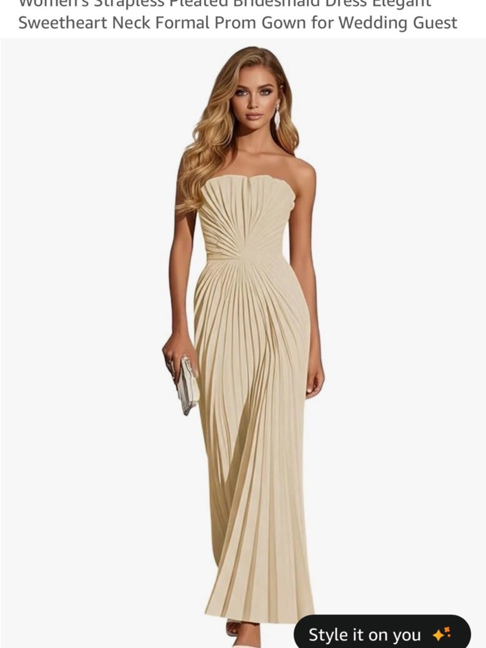 Strapless Pleated Evening Gown in Light Beige